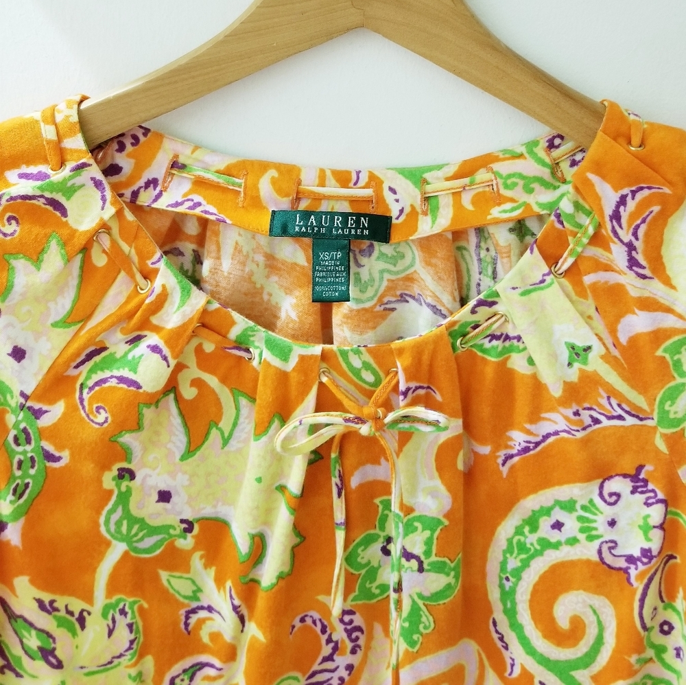 Lauren Ralph Lauren Cap Sleeve Cotton Top Orange Tropical Paisley Sz XS-S - Picture 5 of 14